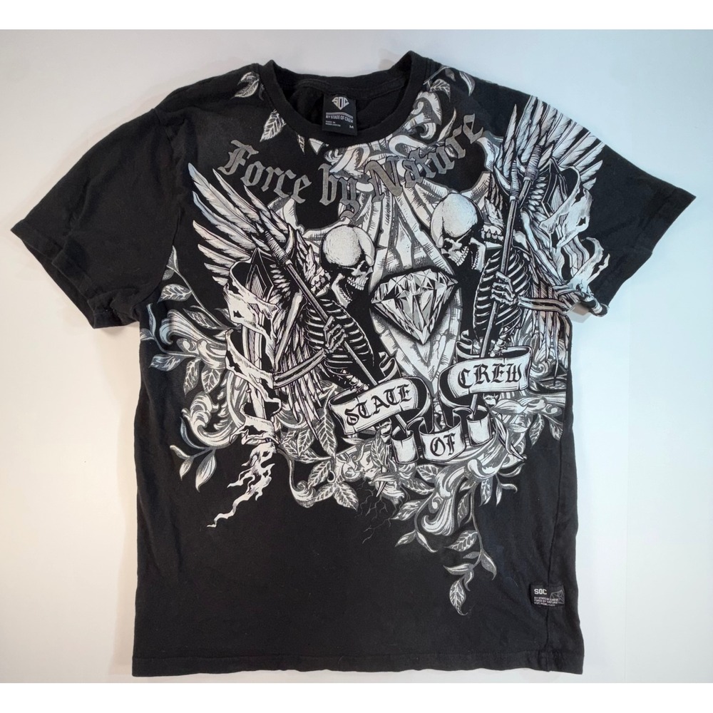 State of Crew Mens Graphic T-Shirt Black Winged Skeleton Diamond Force Nature M